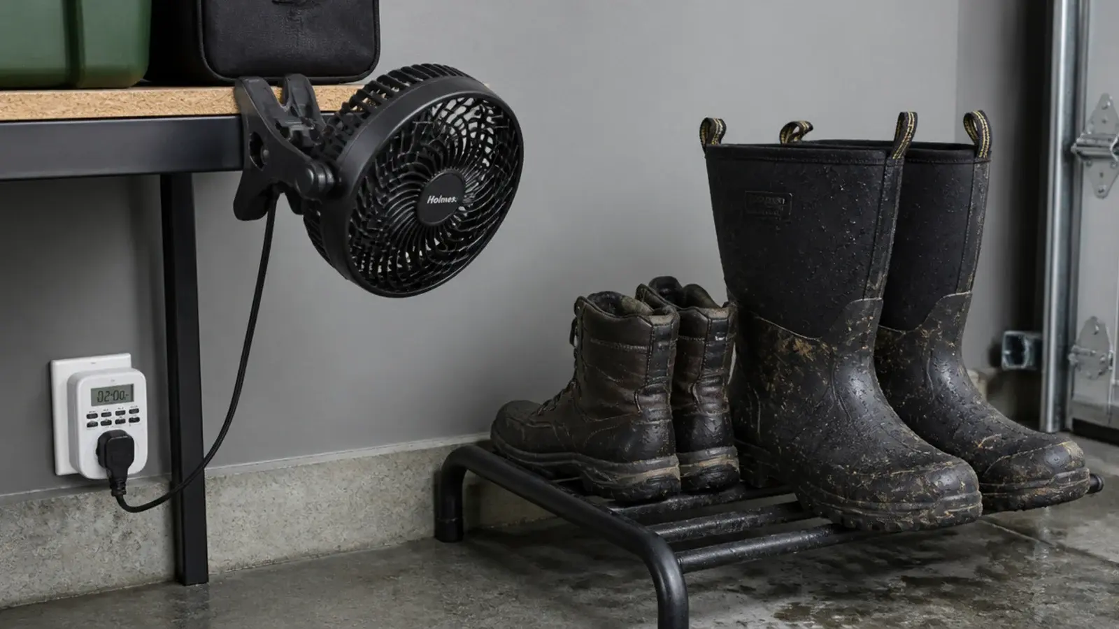 compact fan aimed at a garage boot rack drying wet footwear