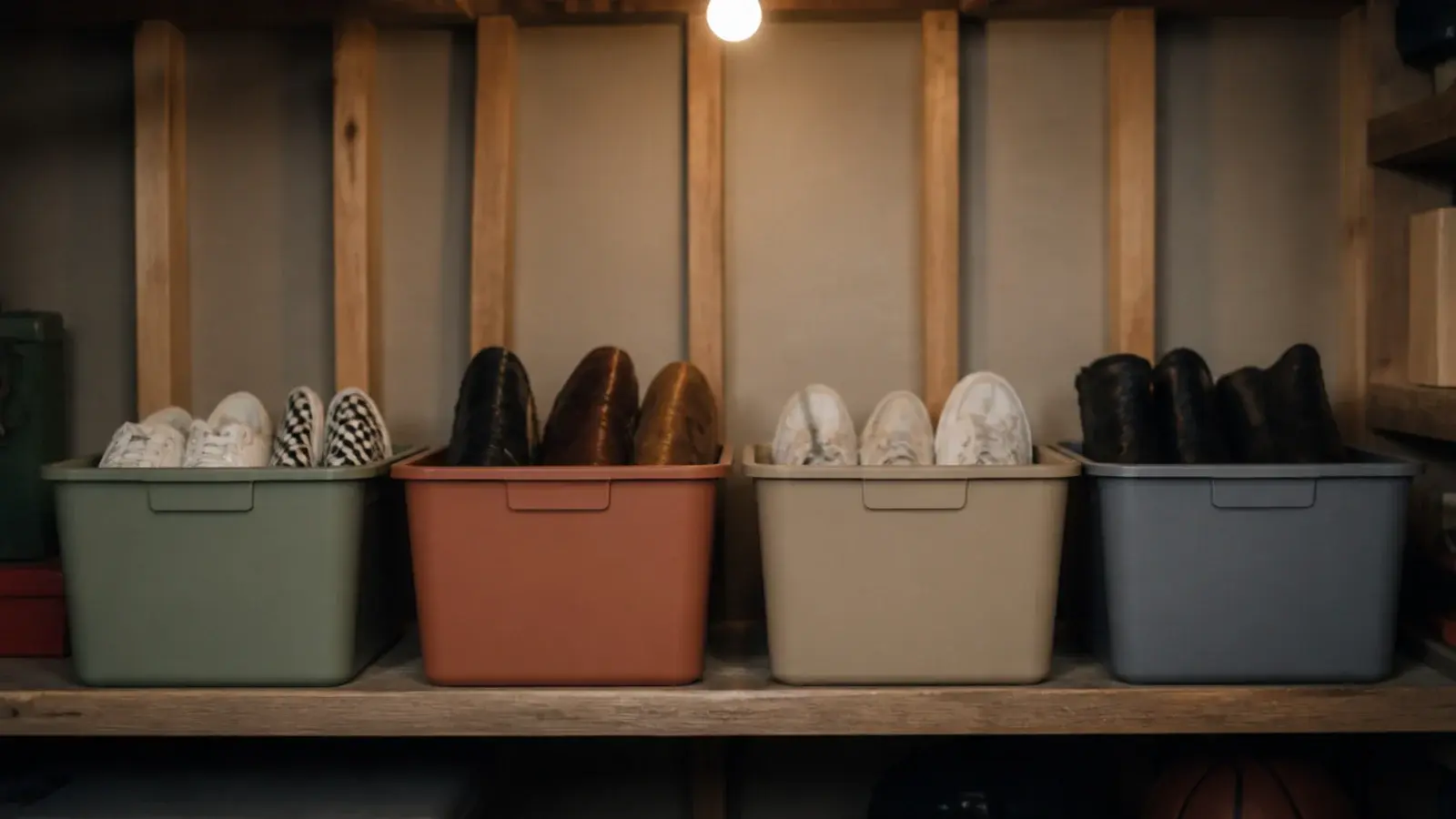 garage shelf of bins in different muted colors sorted by household member