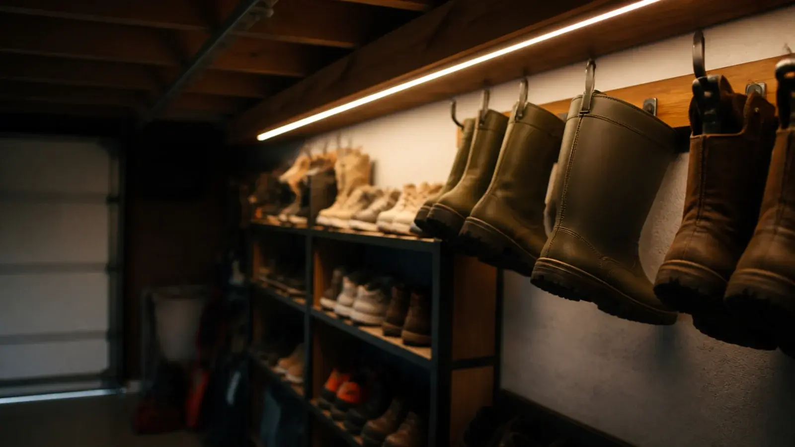 LED strip lighting a garage shoe wall with boots and shelves below