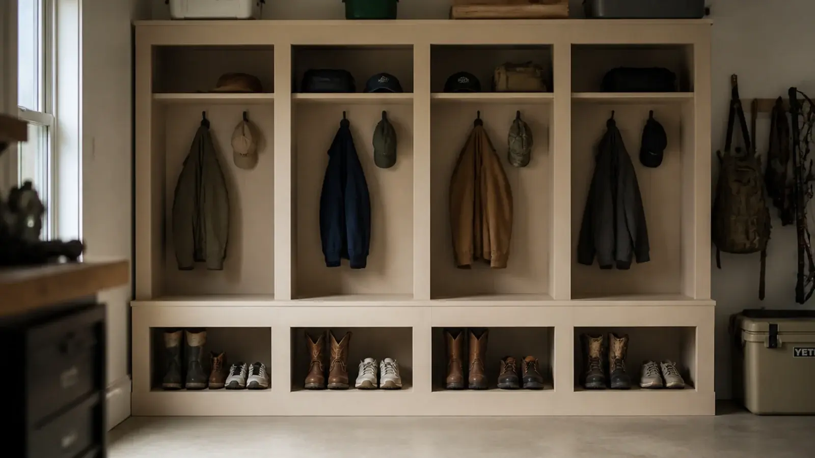 row of tall garage lockers each holding one household member shoes