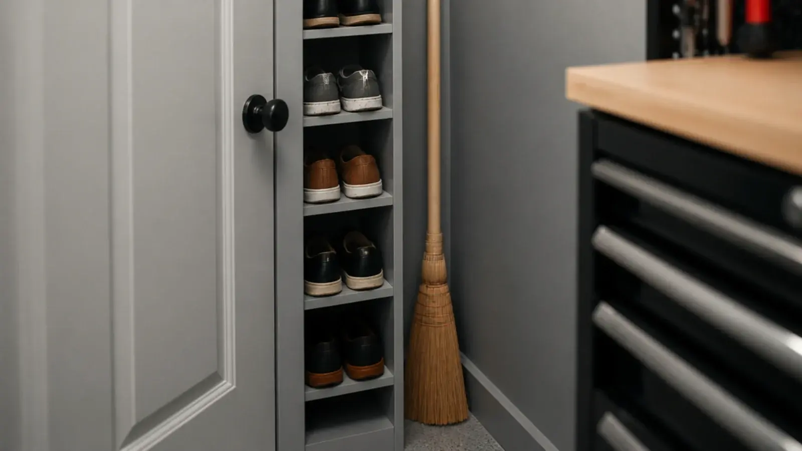 narrow shoe shelving tucked into a garage corner behind a door swing