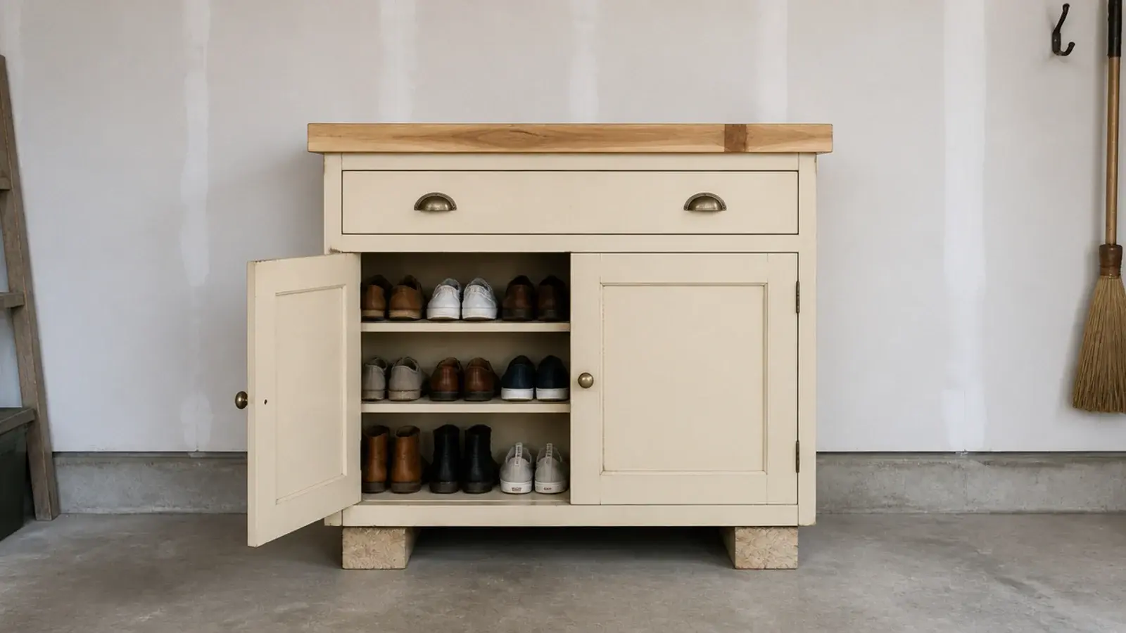 old kitchen base cabinet reused in a garage to store family shoes