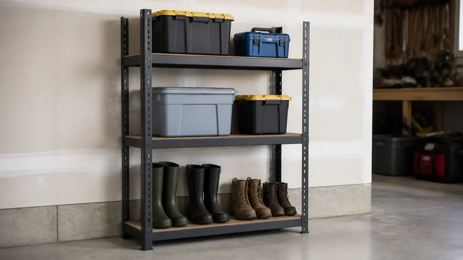 adjustable steel post shelving in a garage stacked with boots and bins