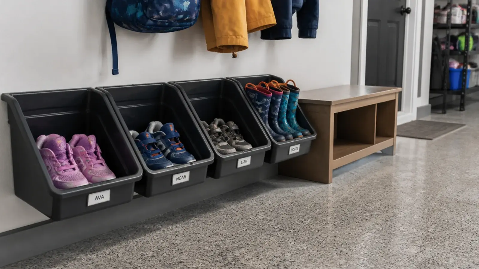 low tilt bins in a garage holding childrens shoes within easy reach