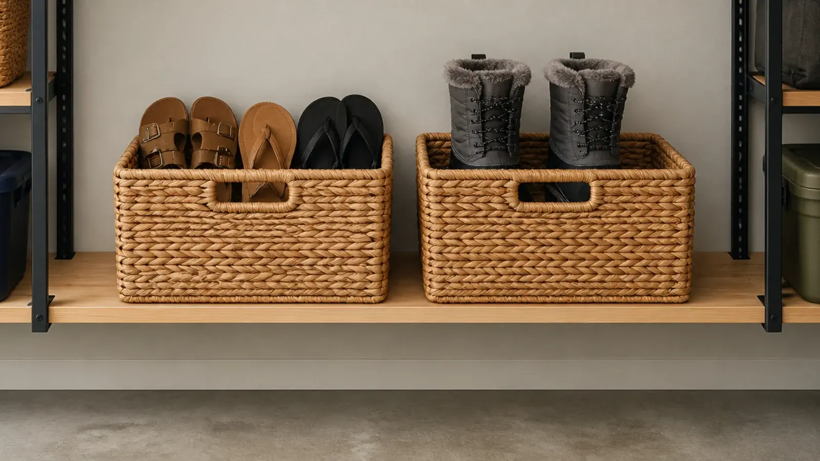 two bins on a garage shelf staged for a seasonal shoe rotation