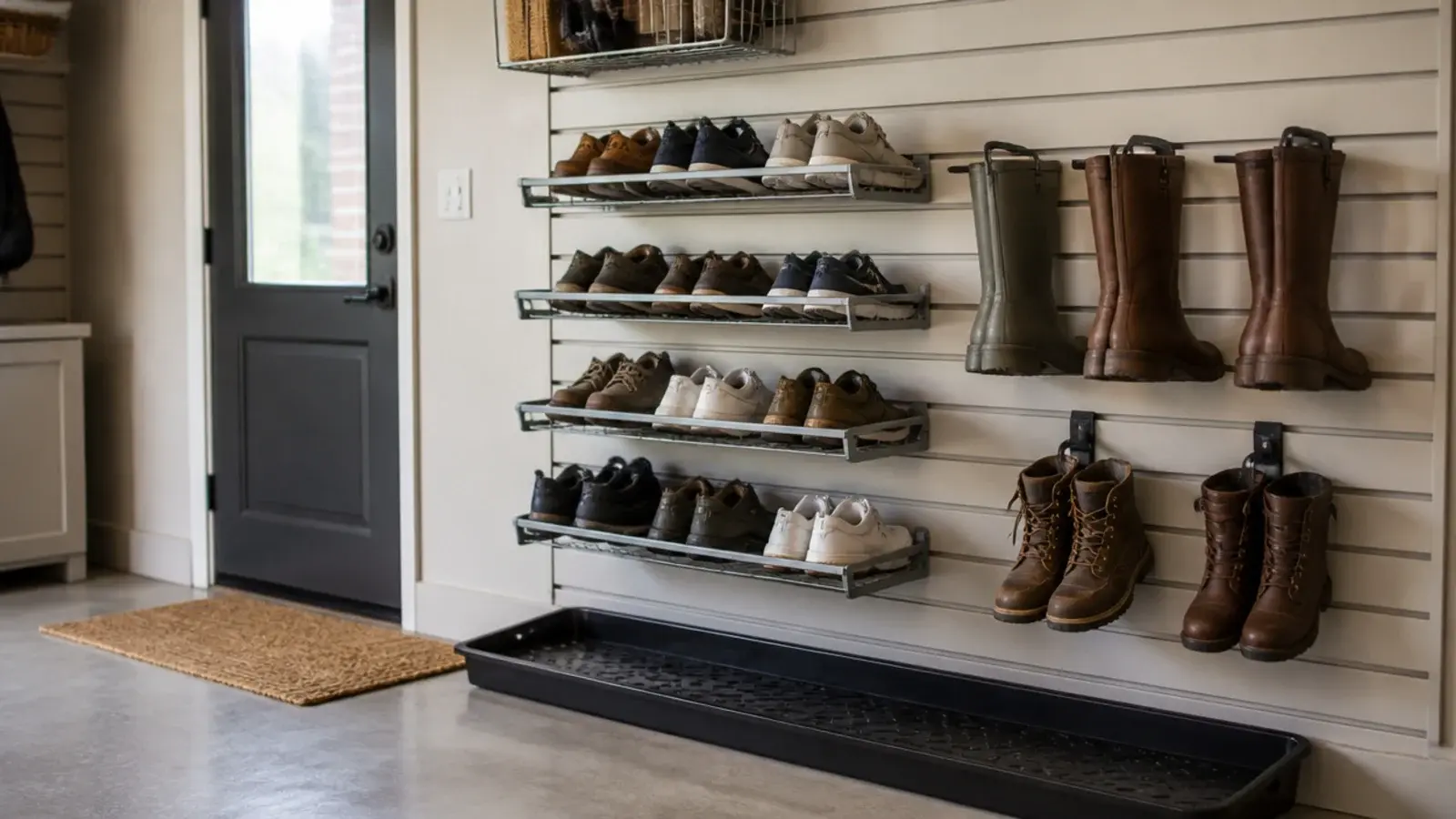 garage shoe storage wall with slatwall racks boots and a drip tray