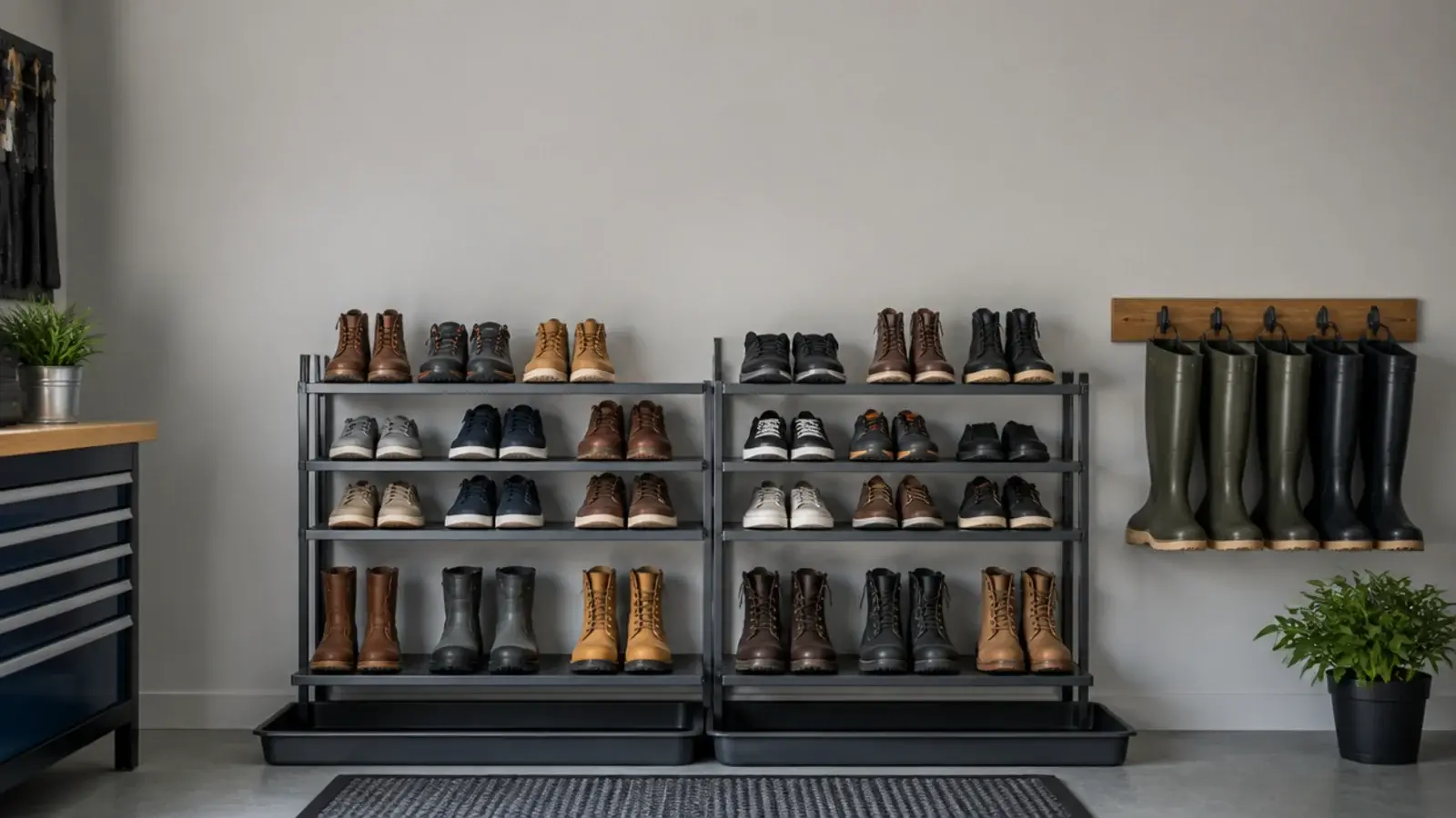 vertical garage shoe storage wall with steel shelves boots and a tray