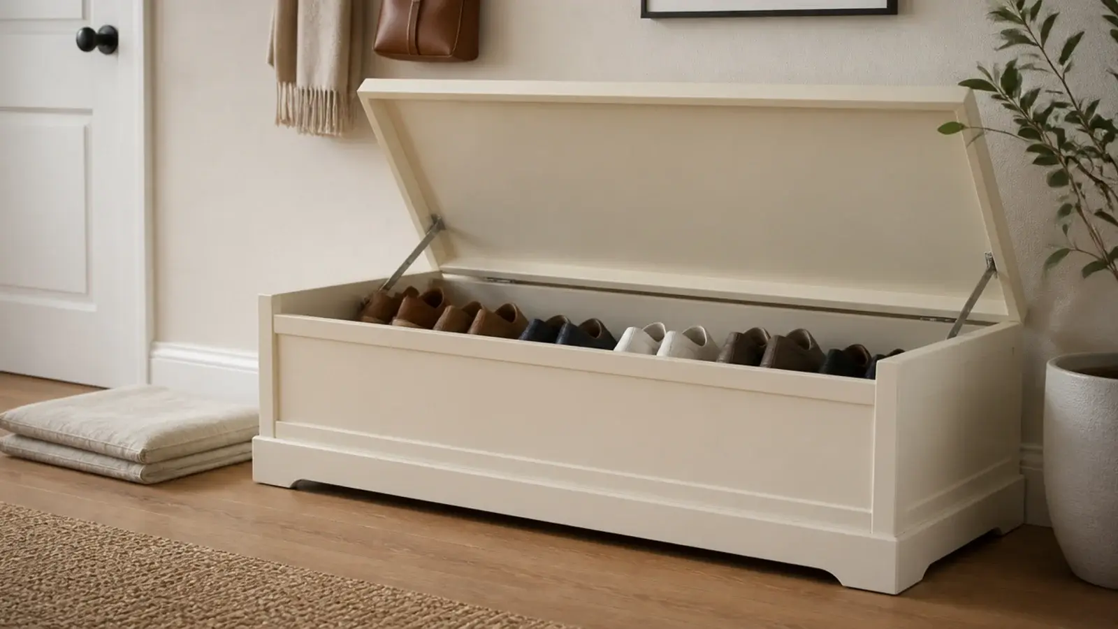 entryway bench with hinged seat lifted revealing shoes stored inside