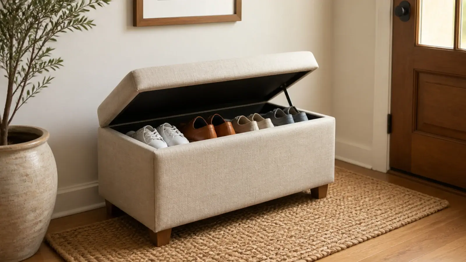 linen storage ottoman open showing shoes stored neatly inside