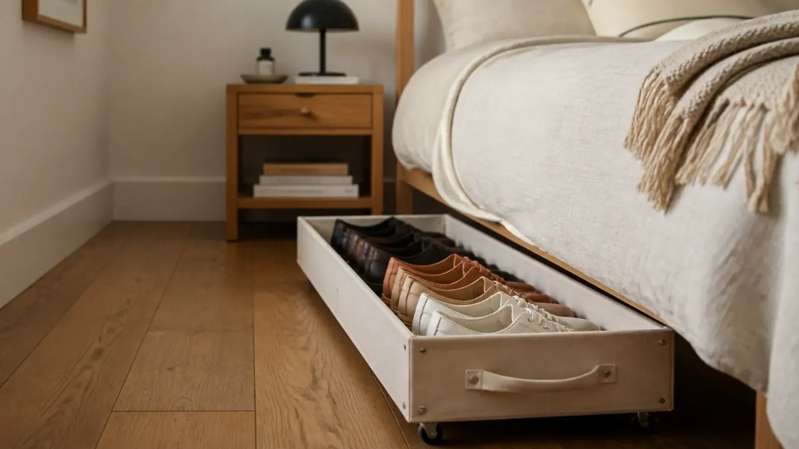 shallow rolling drawer of shoes pulled out from beneath a bed