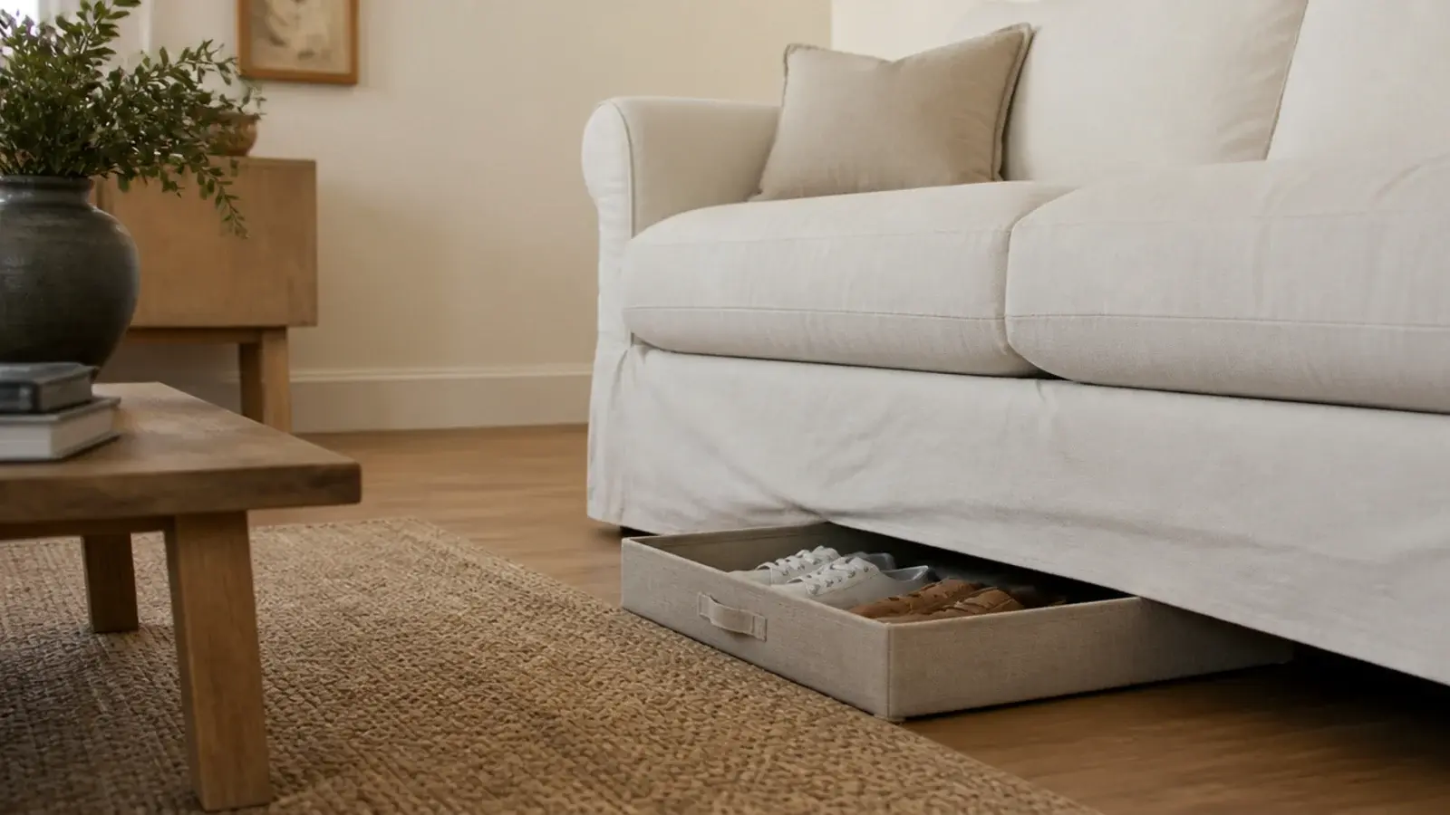 very low flat storage box of shoes sliding beneath a linen sofa