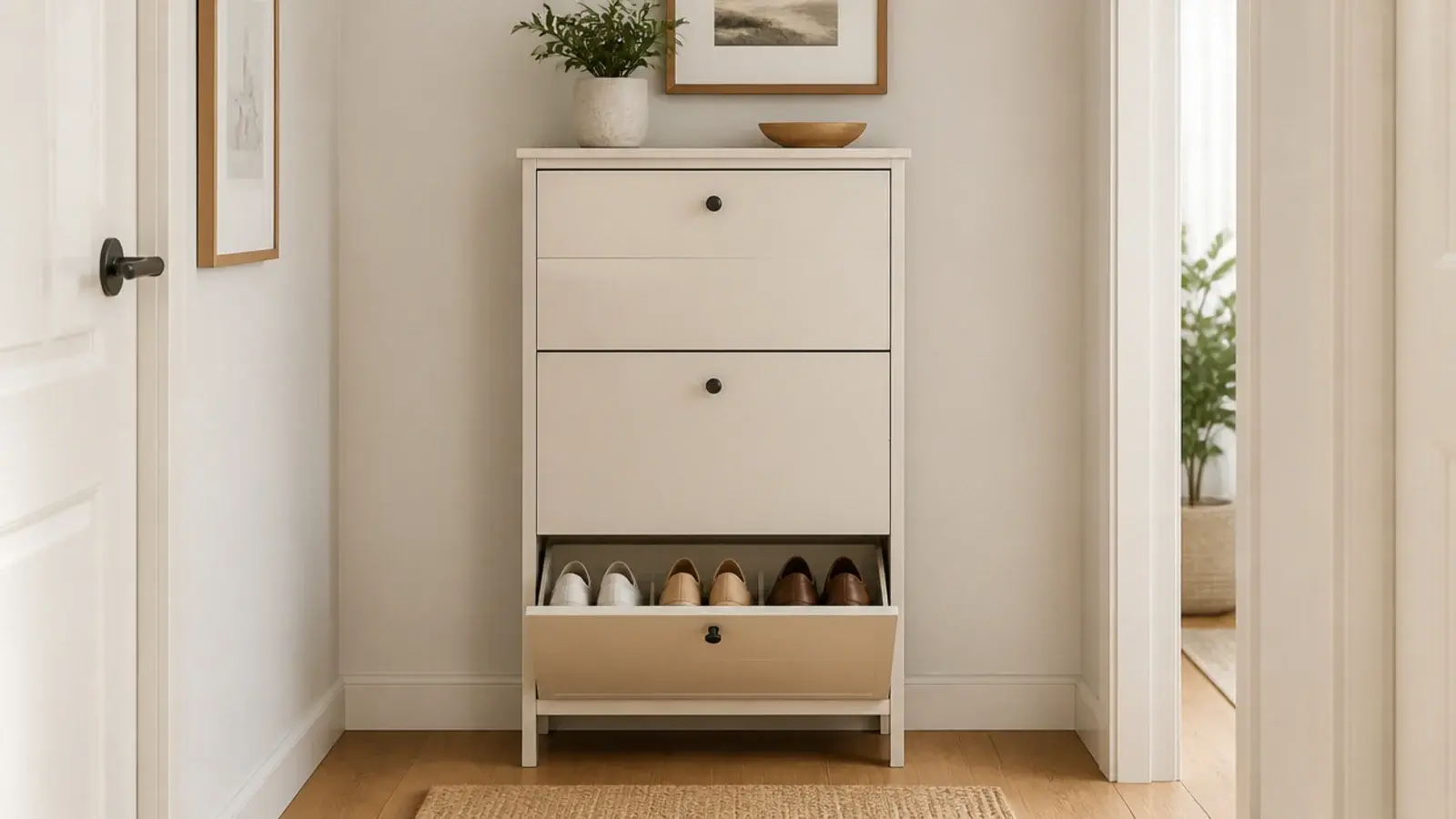 slim tilt out shoe cabinet with one drawer open in a hallway