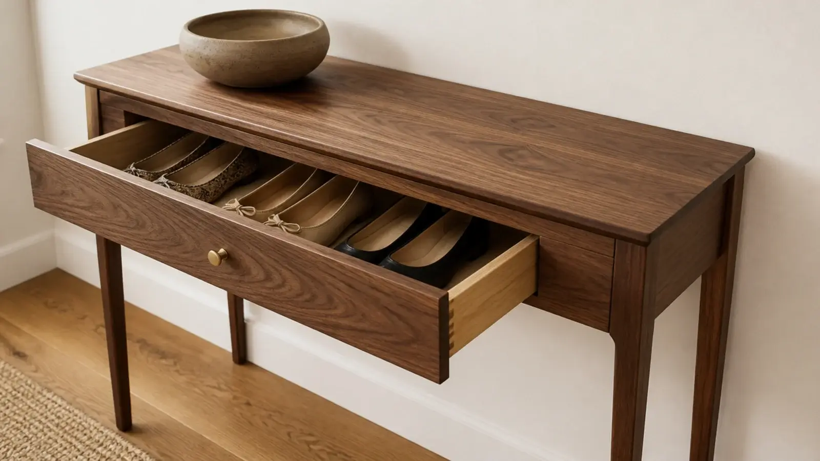 console table with a shallow drawer open holding flat shoes