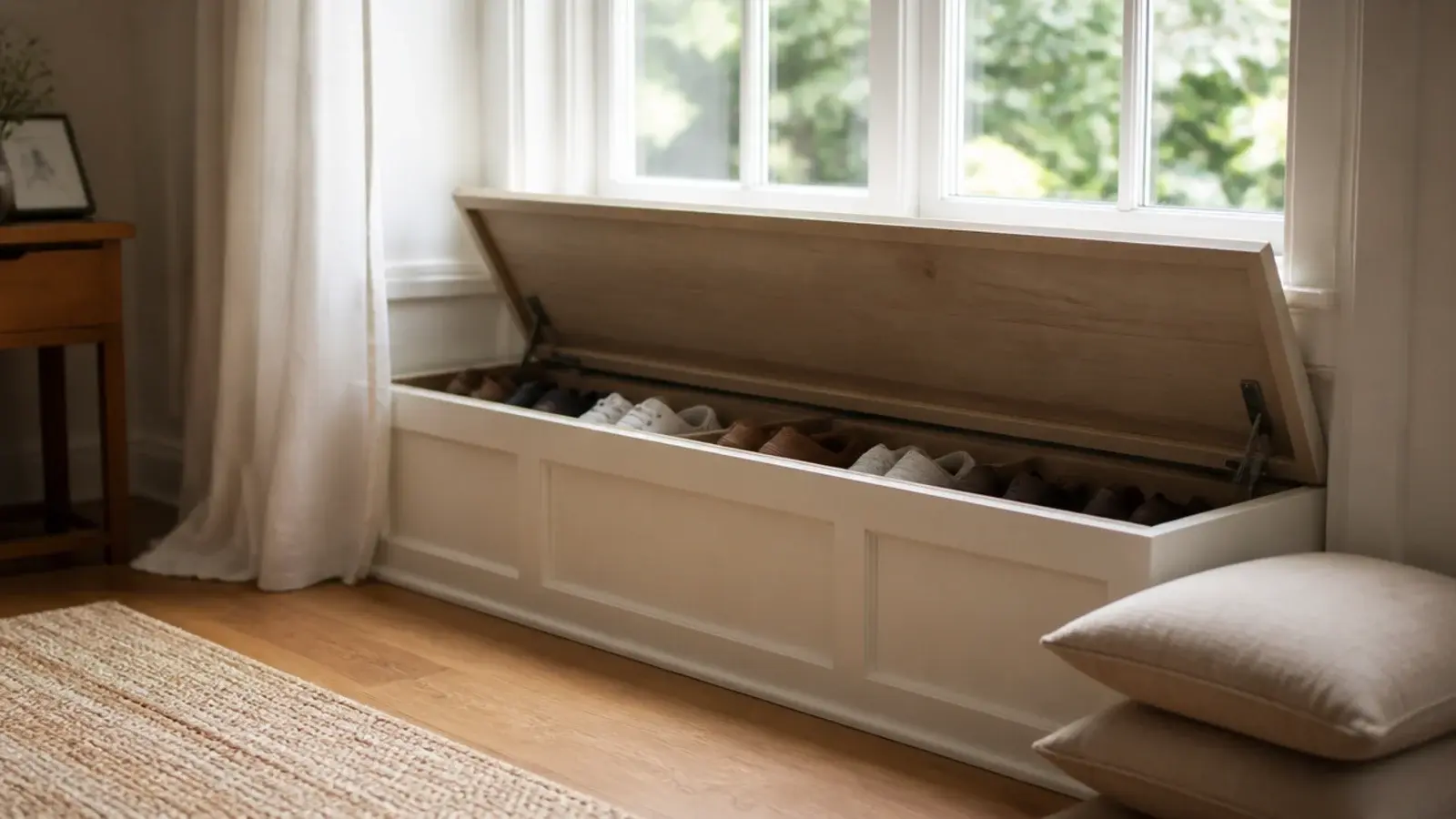 window seat with the lid raised revealing shoes stored underneath