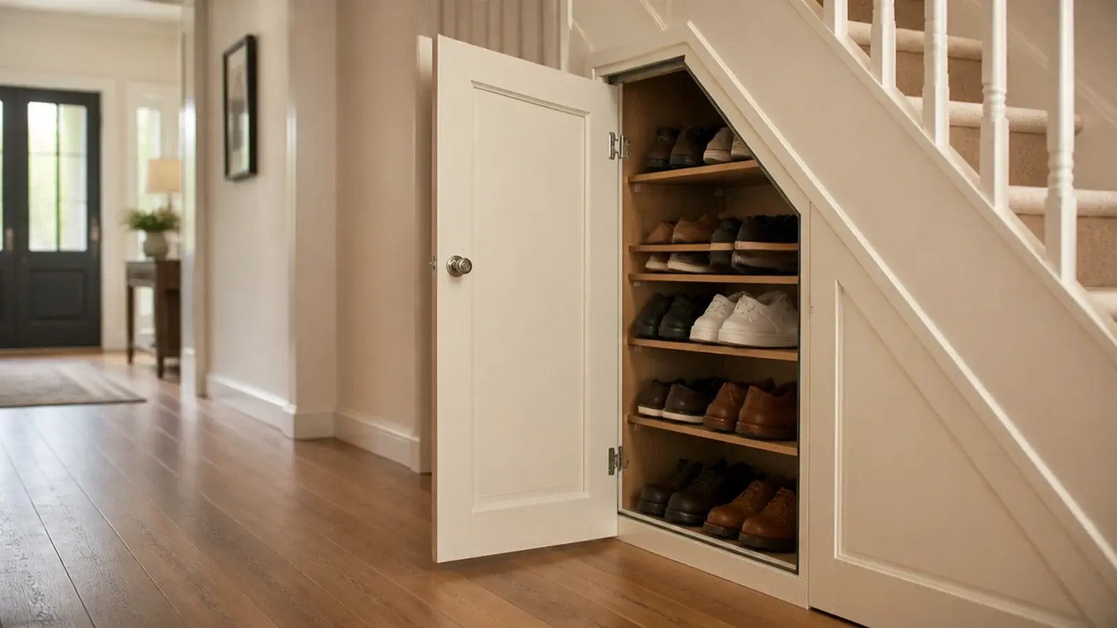 under stairs cupboard door open showing shoe storage inside