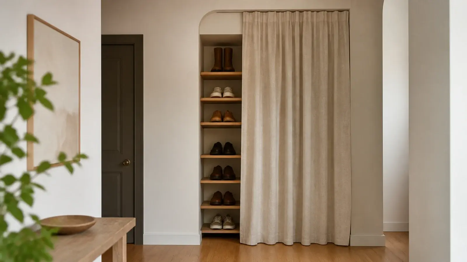 linen curtain on a rail concealing open shoe shelving in an alcove