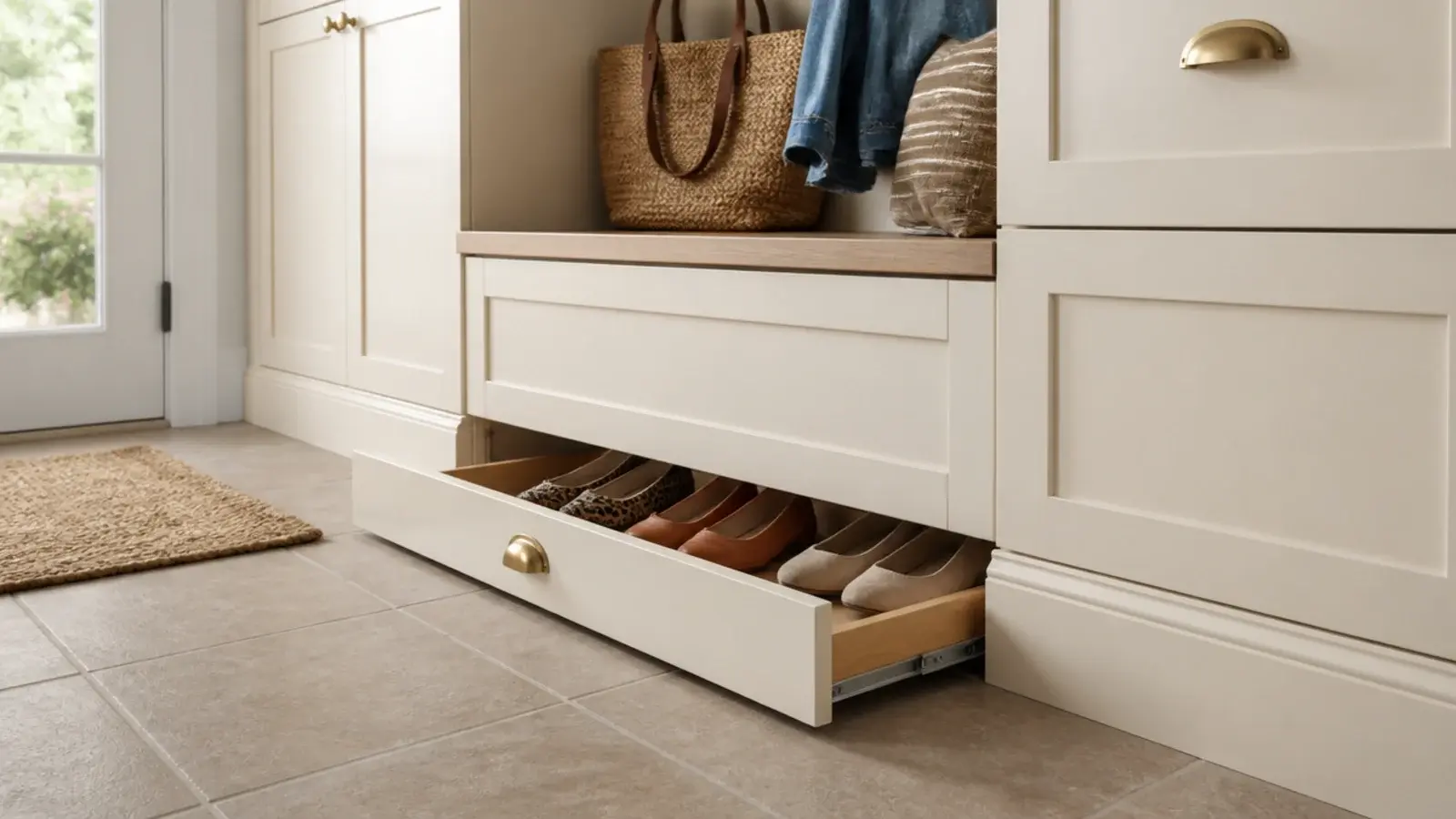 shallow toe kick drawer at floor level open holding flat shoes