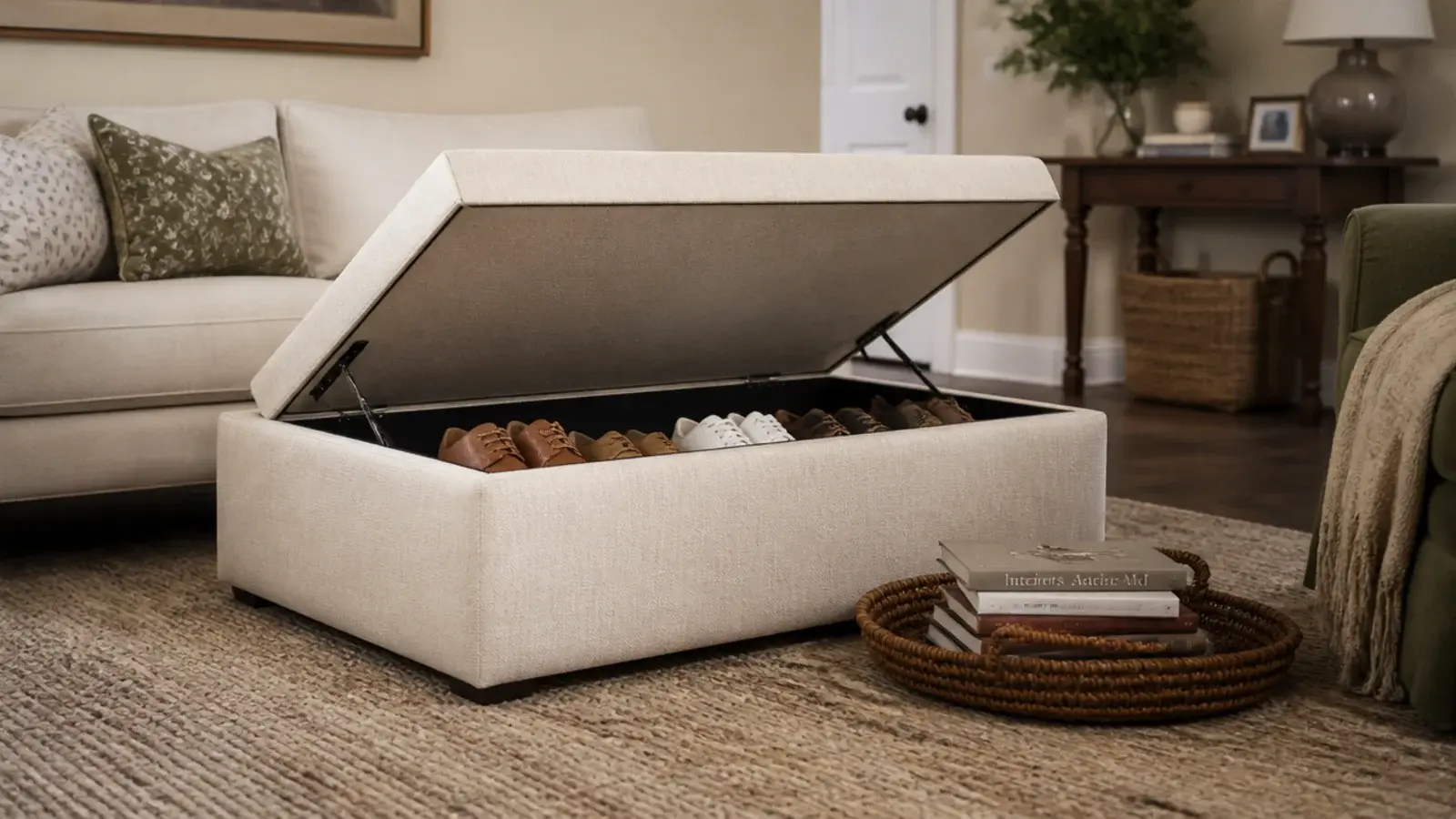 upholstered ottoman coffee table lifted showing shoes stored within