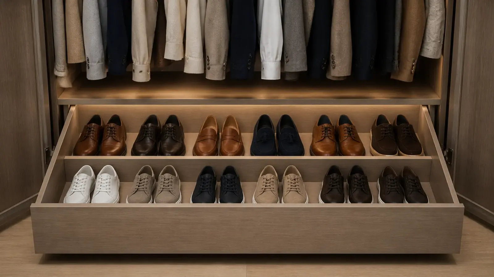 deep drawer in a wardrobe base open showing rows of shoes