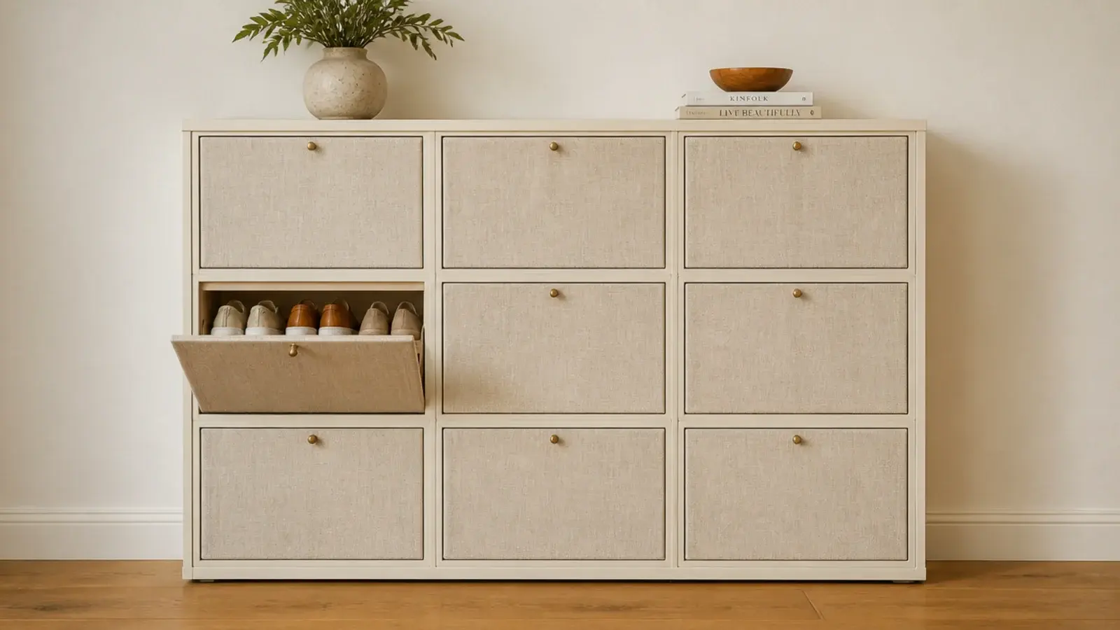 open cubby unit fitted with natural fabric drop fronts hiding shoes