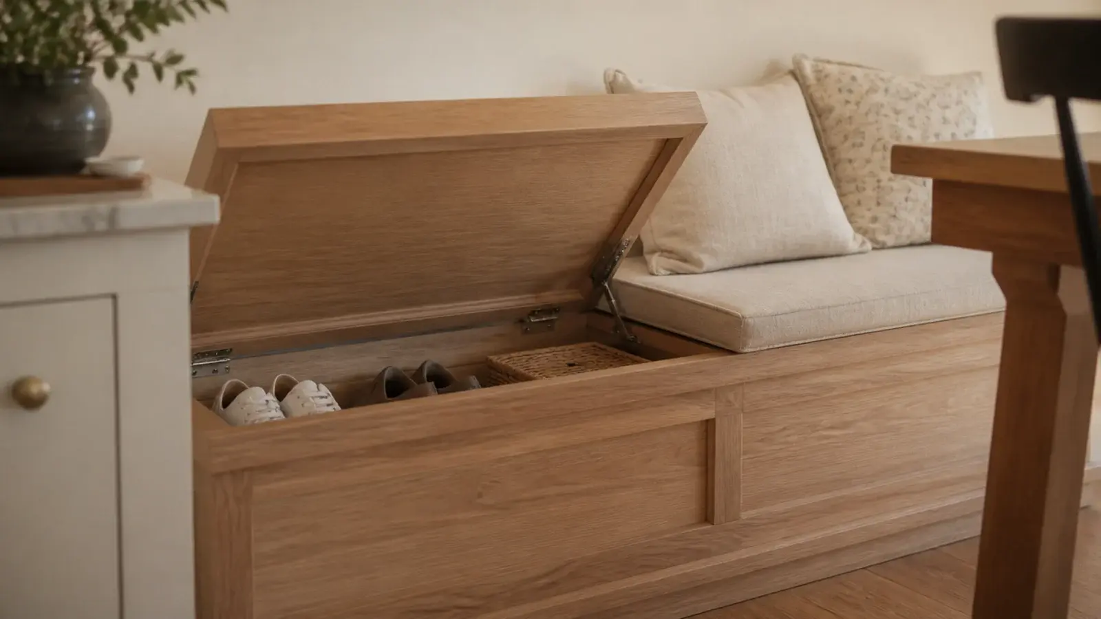 banquette seat lifted showing shoe storage in the base beneath
