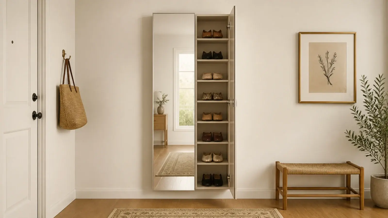 mirrored entry cabinet open revealing shallow shoe shelves inside