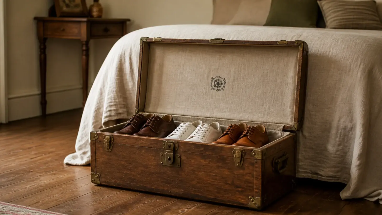 vintage wooden trunk open at the foot of a bed holding shoes