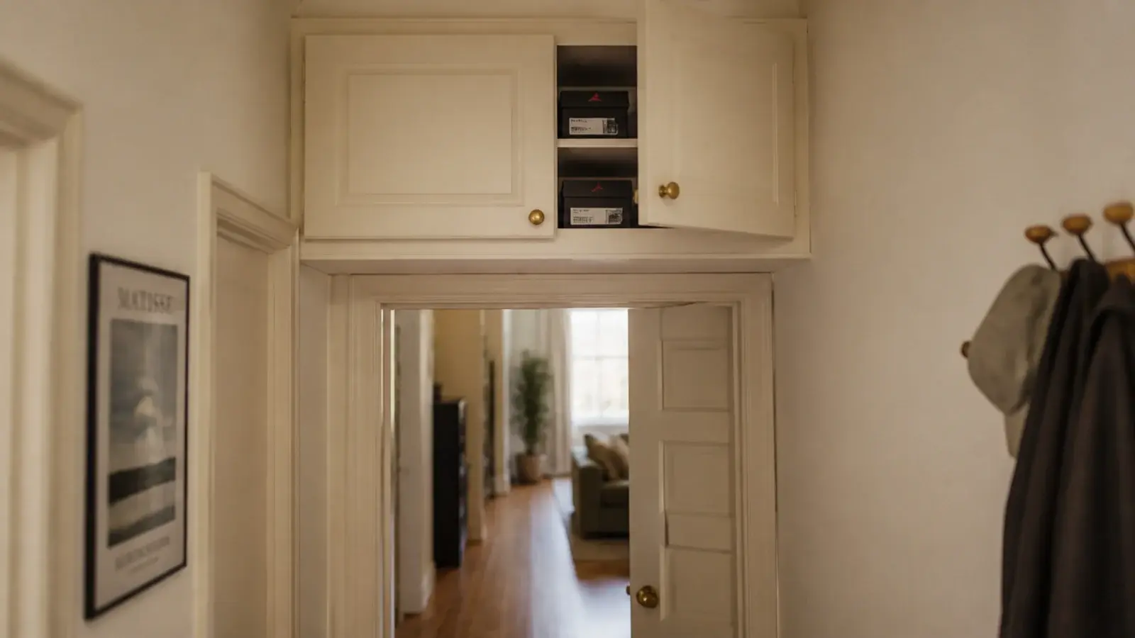 closed cabinet mounted above a doorway holding boxed shoes