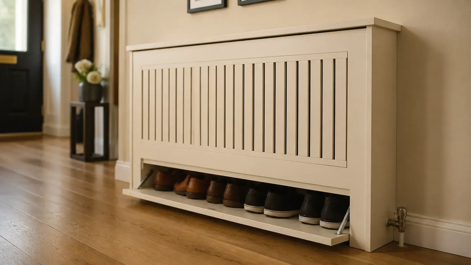 radiator cover with a lower compartment holding shoes hidden inside