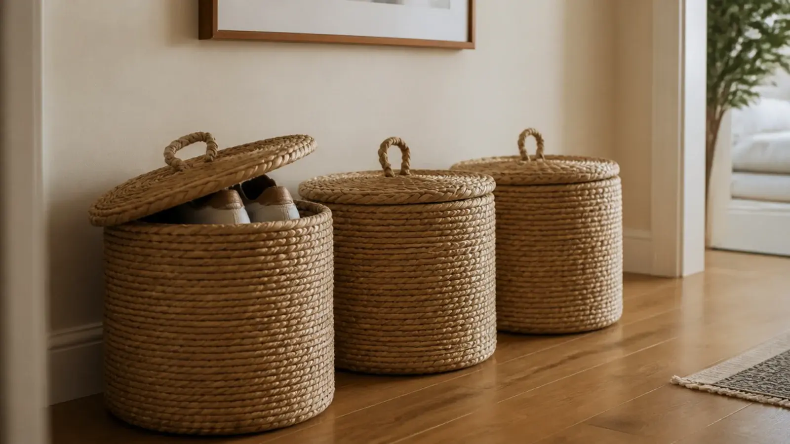 row of lidded woven baskets holding shoes along an entryway wall