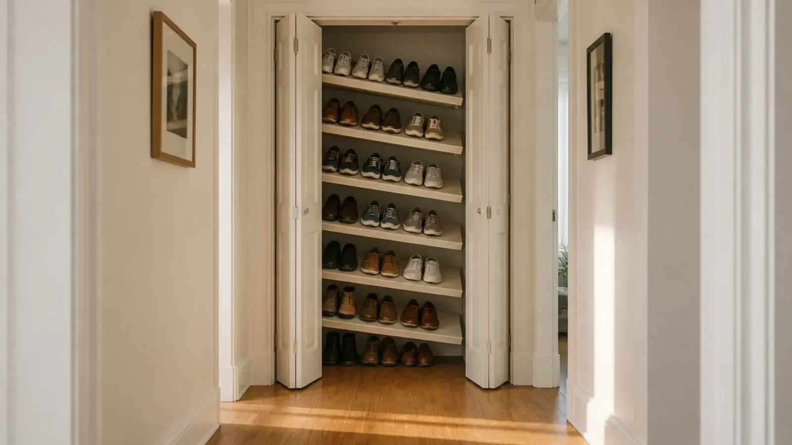 bifold closet doors open revealing tilted shoe shelves inside