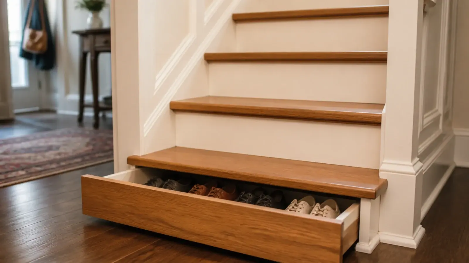 staircase tread pulled out as a drawer showing shoes stored inside