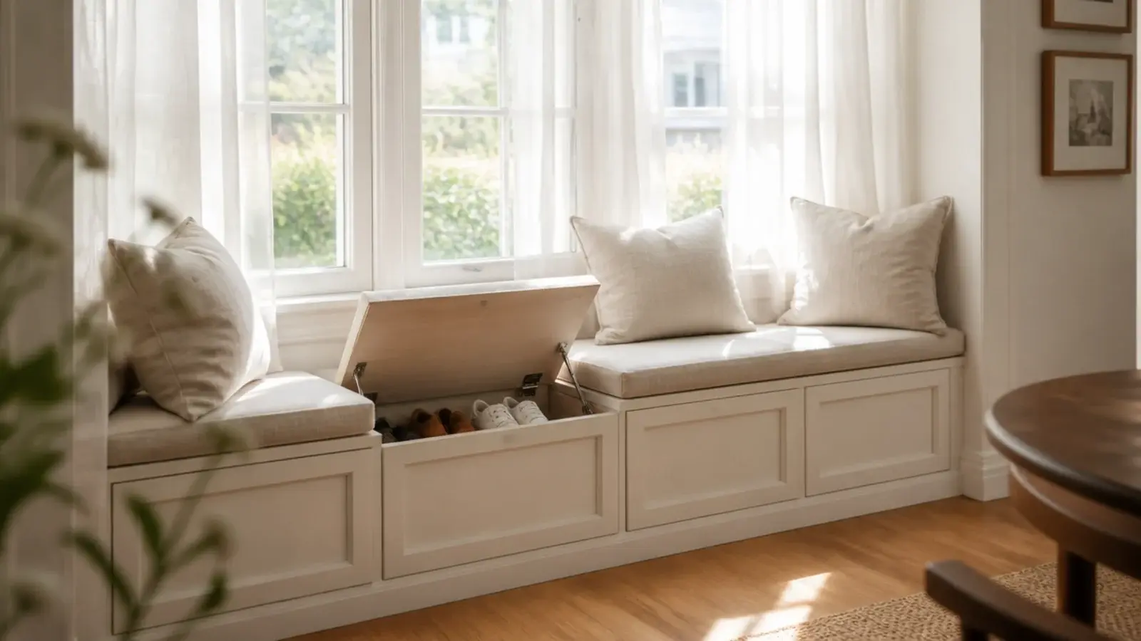 bay window bench seat lifted showing shoe storage in the base