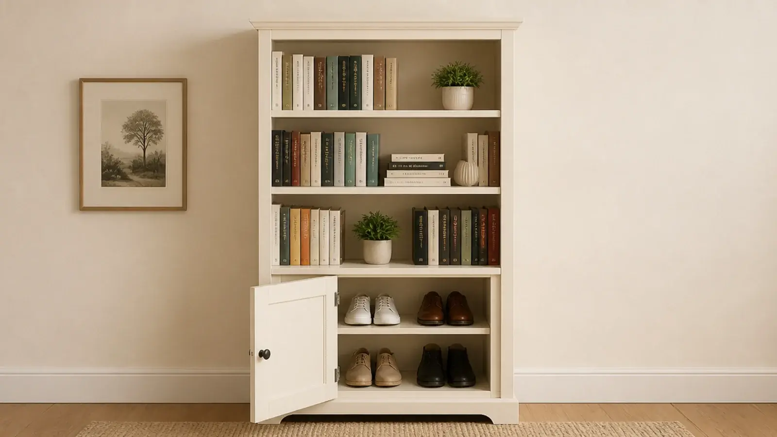 bookcase with doored lower section open revealing shoes inside