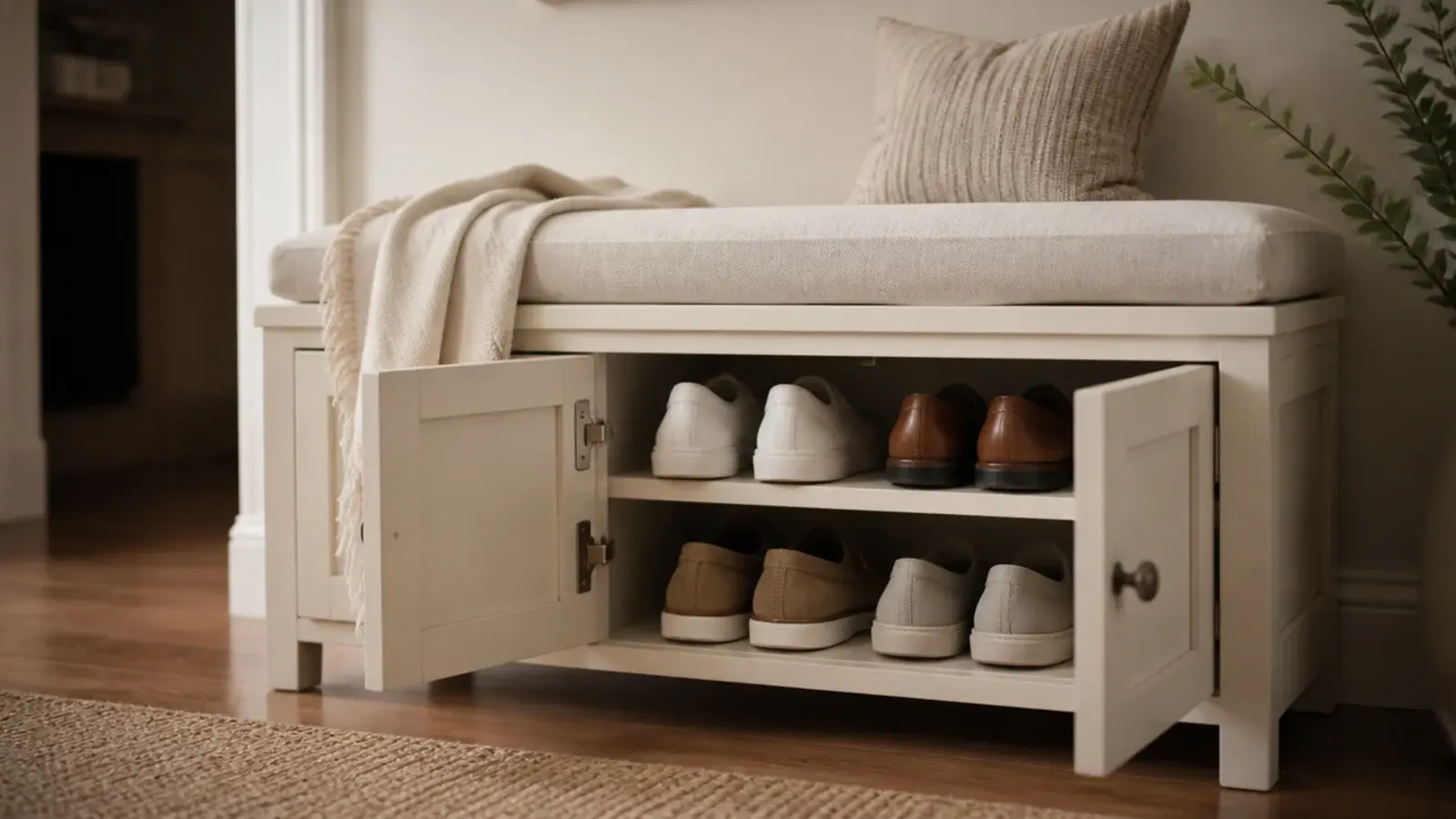 hall bench with small cabinet doors open showing stored shoes