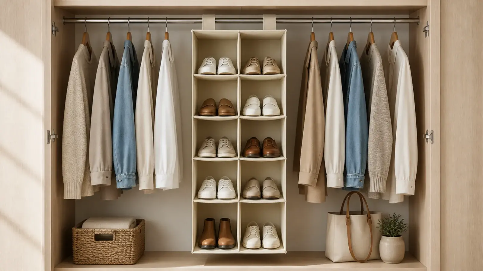 canvas hanging shoe bag suspended from a wardrobe rail