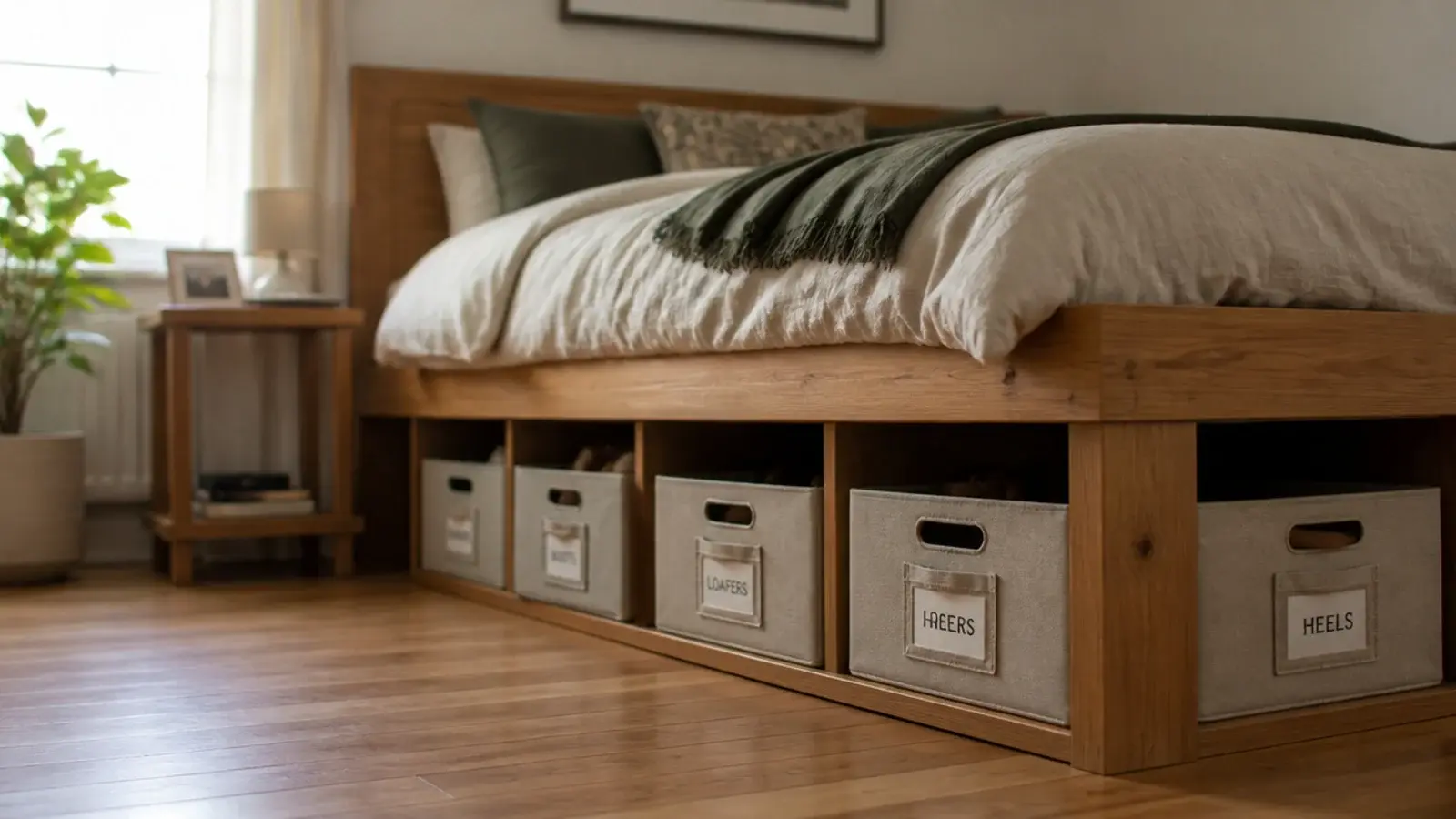 raised platform bed with shoe boxes stored in the space beneath
