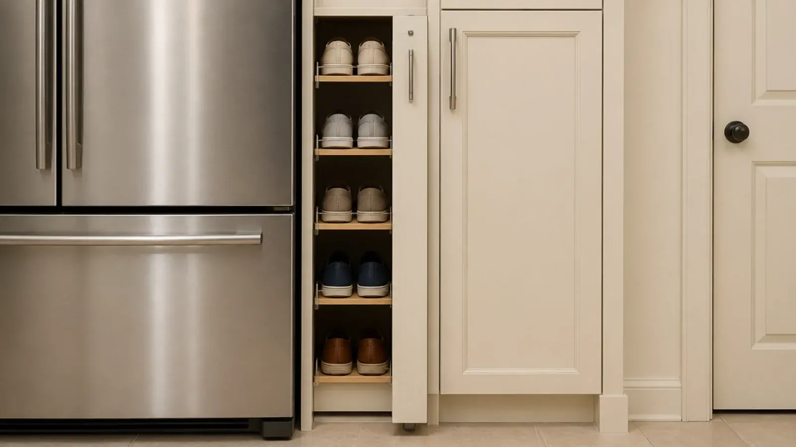 narrow pull out unit beside a fridge holding shoes on shelves