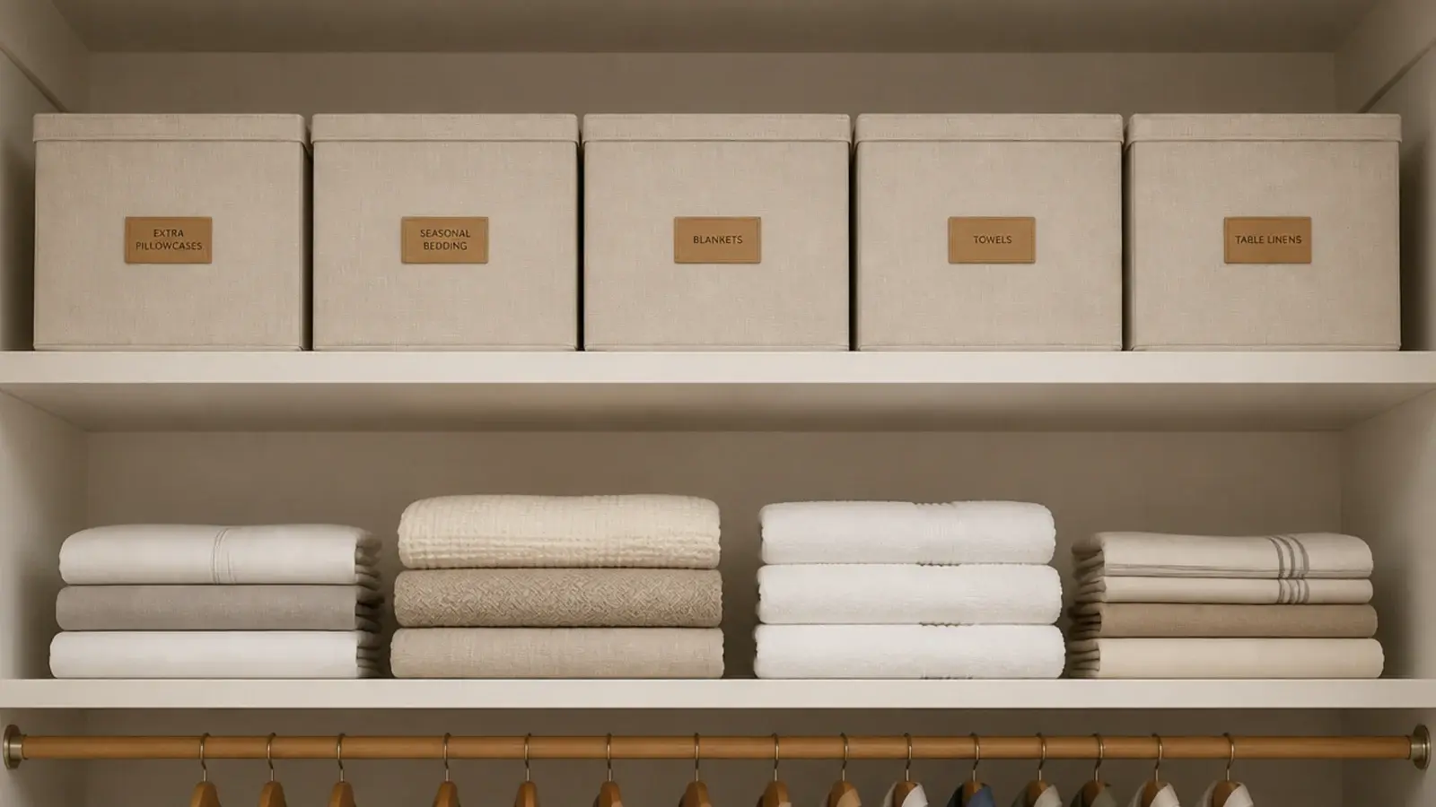 labelled fabric storage boxes lined up on a high closet shelf