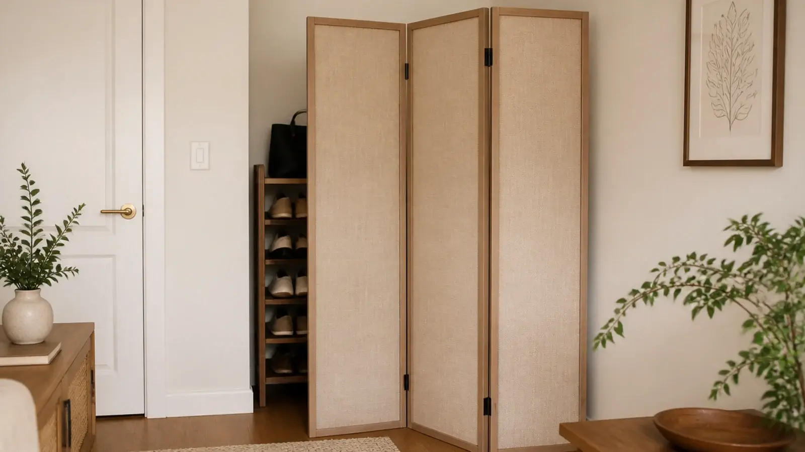 linen folding screen concealing a shoe rack in a room corner