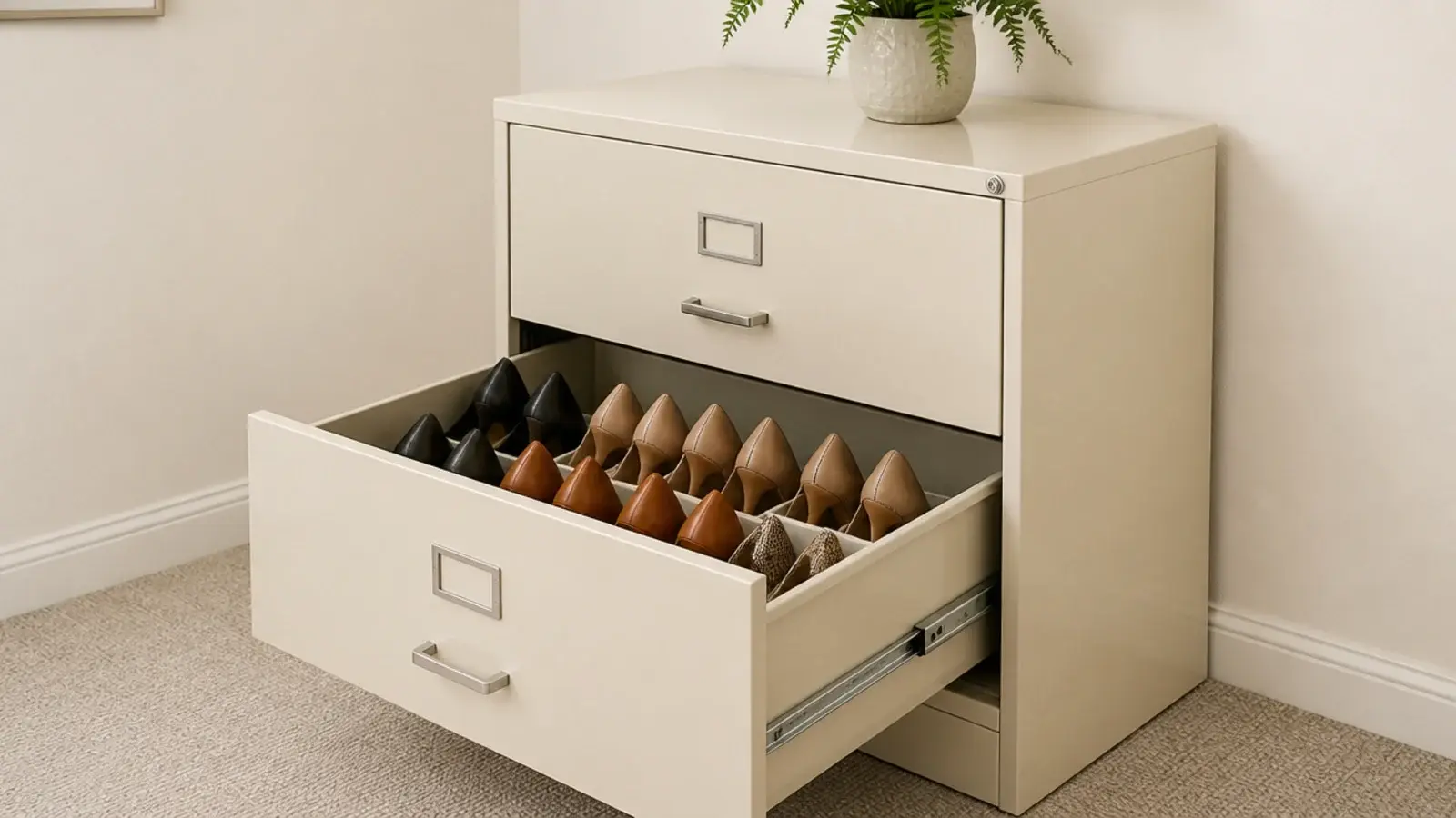 painted filing cabinet drawer open showing shoes stored upright
