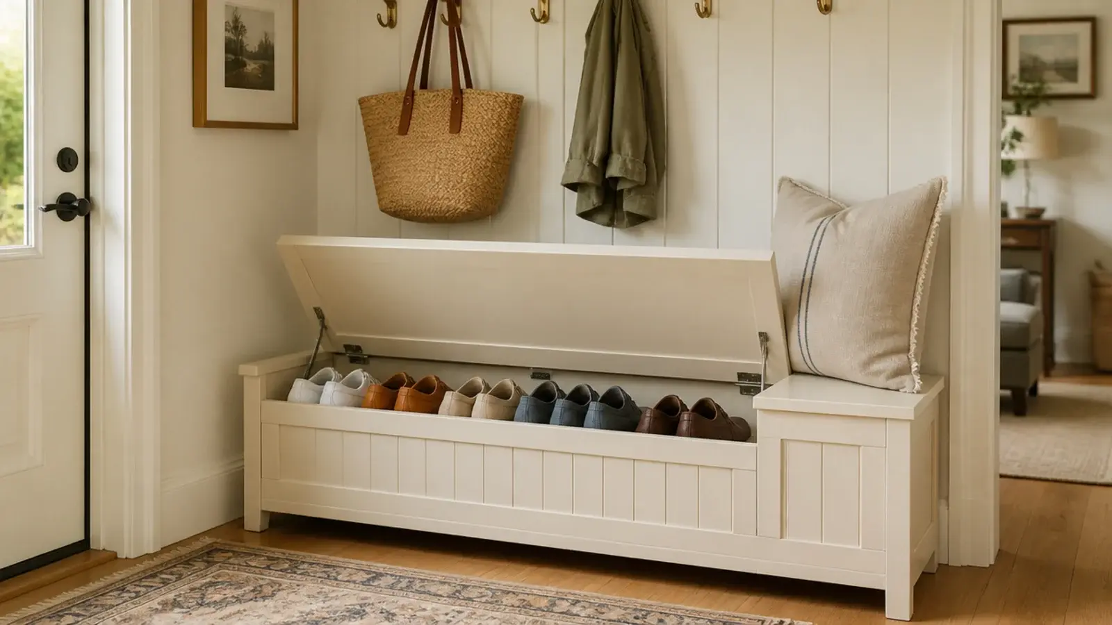 hidden shoe storage bench with the lift up seat open showing shoes inside
