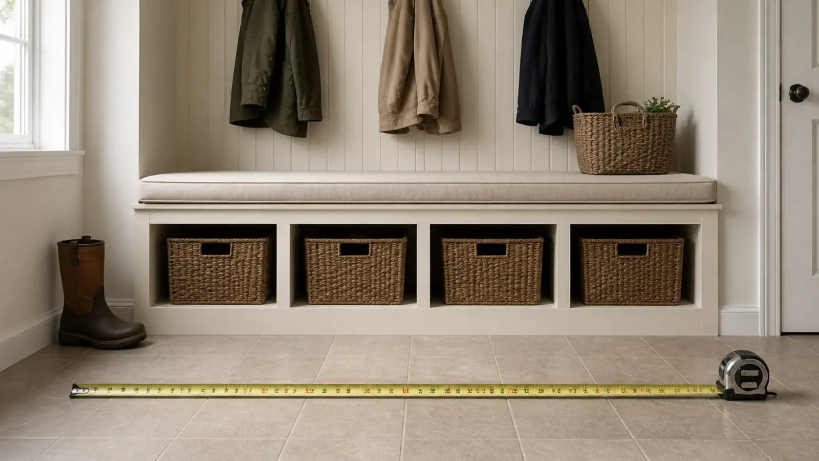 tape measure across a mudroom bench and cubby run showing clear walkway