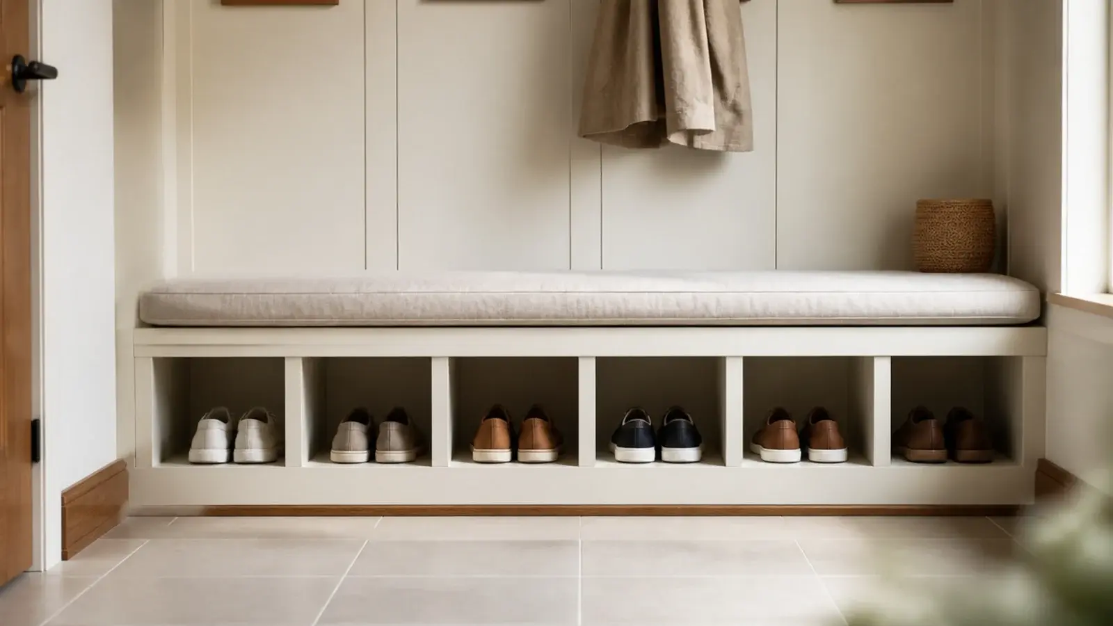 built in mudroom bench with a linen cushion above open shoe cubbies