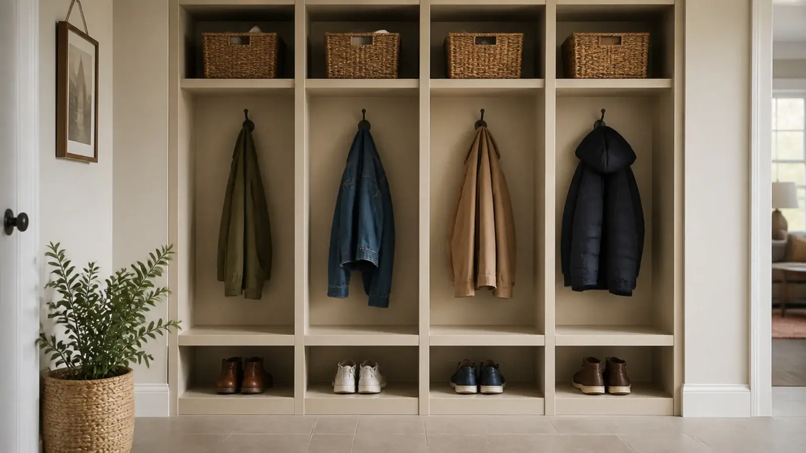 row of open mudroom locker bays each holding one family member gear