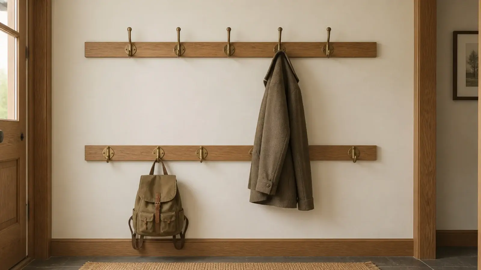 mudroom wall with brass hooks at adult height and lower child height