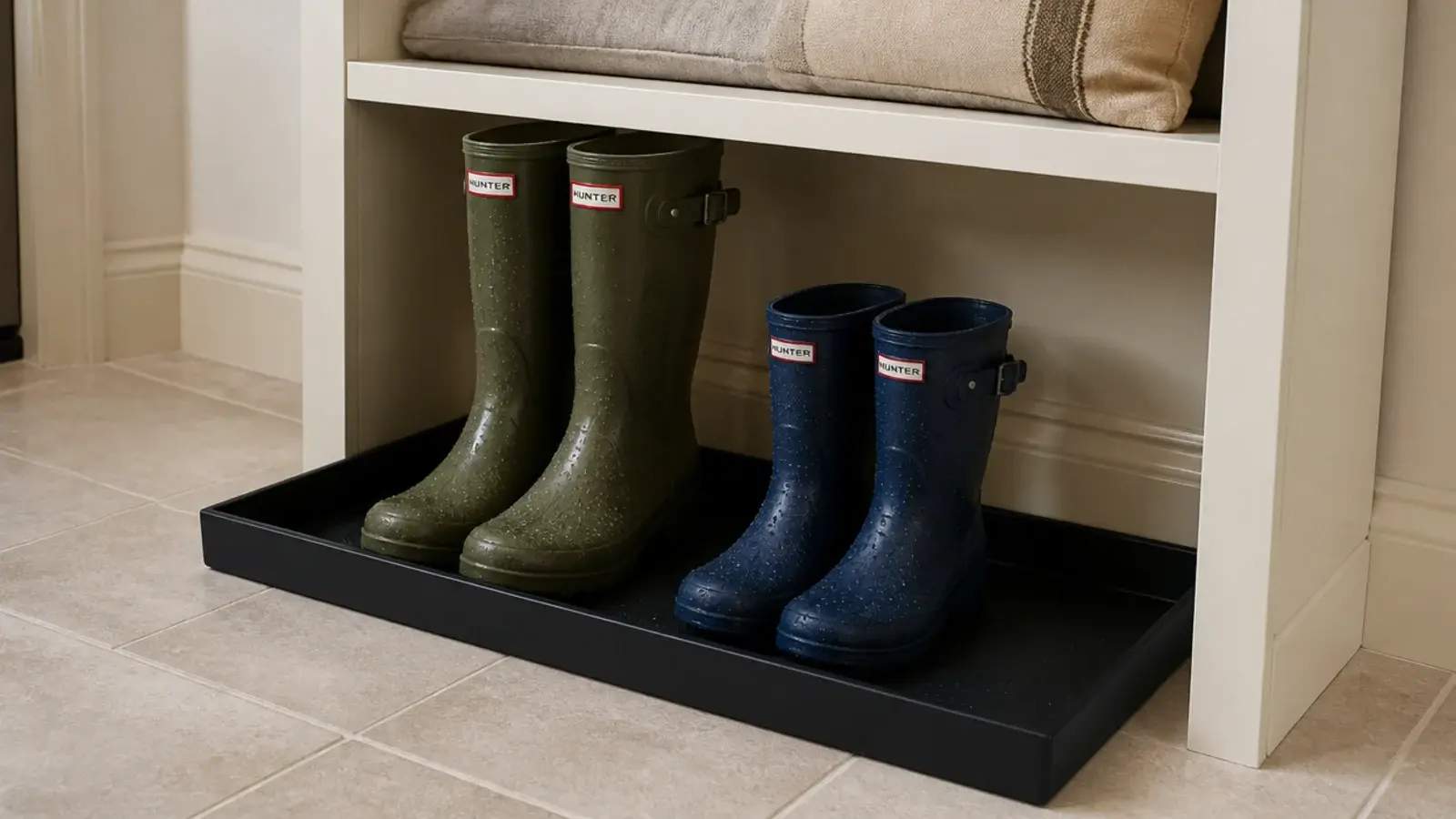 lipped metal drip tray under a mudroom bench holding wet rubber boots
