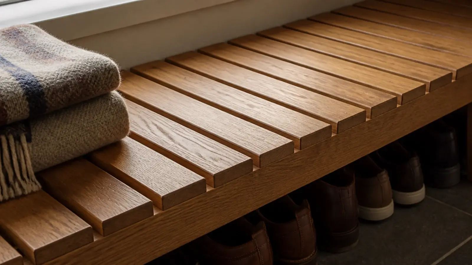 slatted oak mudroom bench seat with gaps letting damp air escape