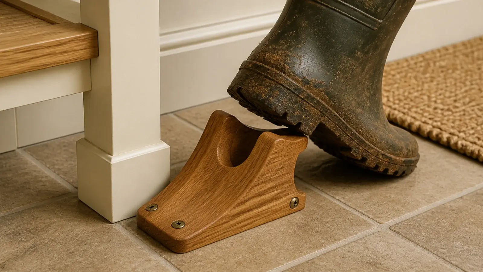 wooden boot jack fixed to a mudroom floor beside a bench leg
