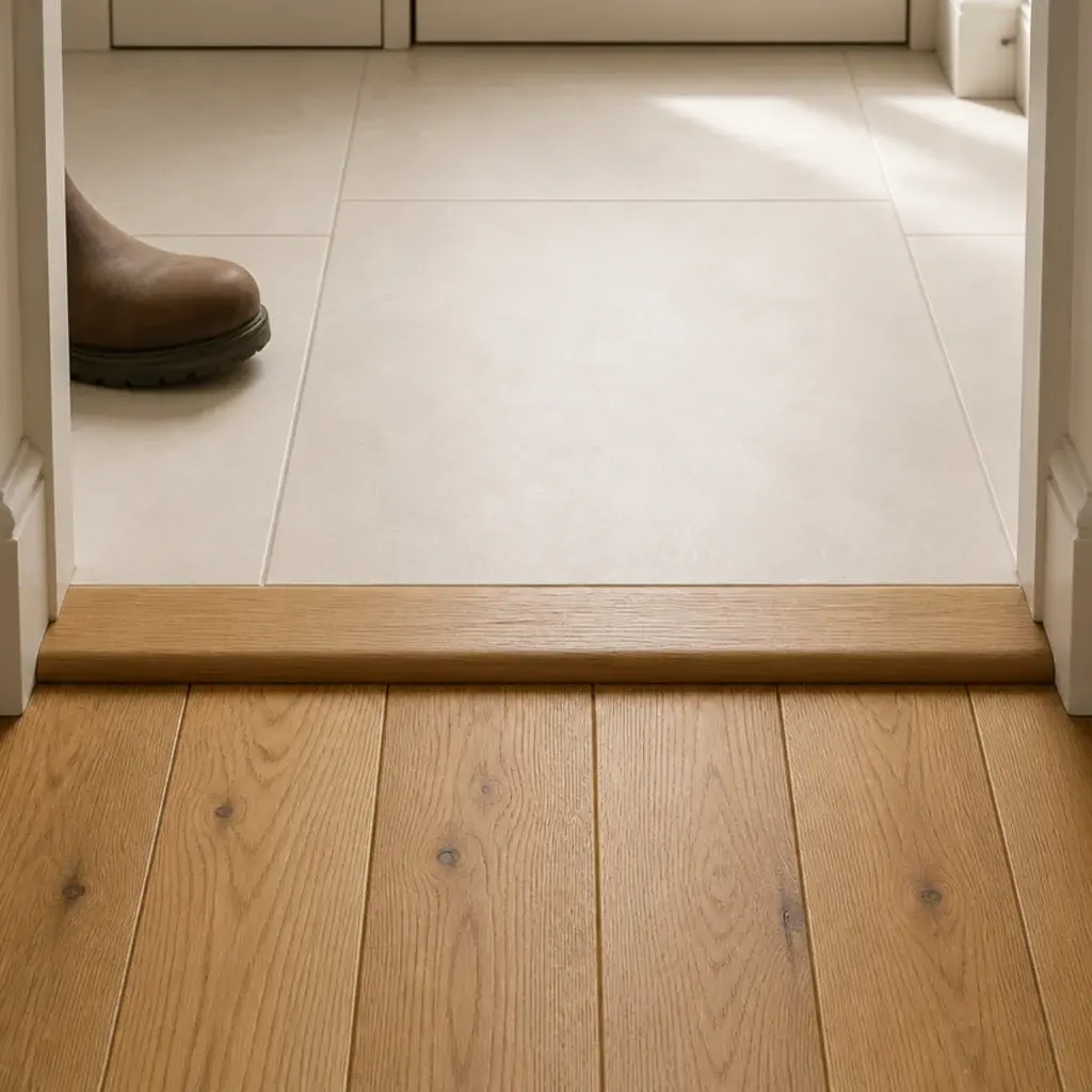 mudroom tiled floor meeting a wood threshold at the interior doorway